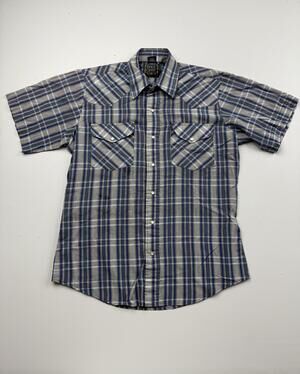 Rock Creek Ranch Shirt Mens Medium Blue Plaid Short Sleeve Western Snap Casual